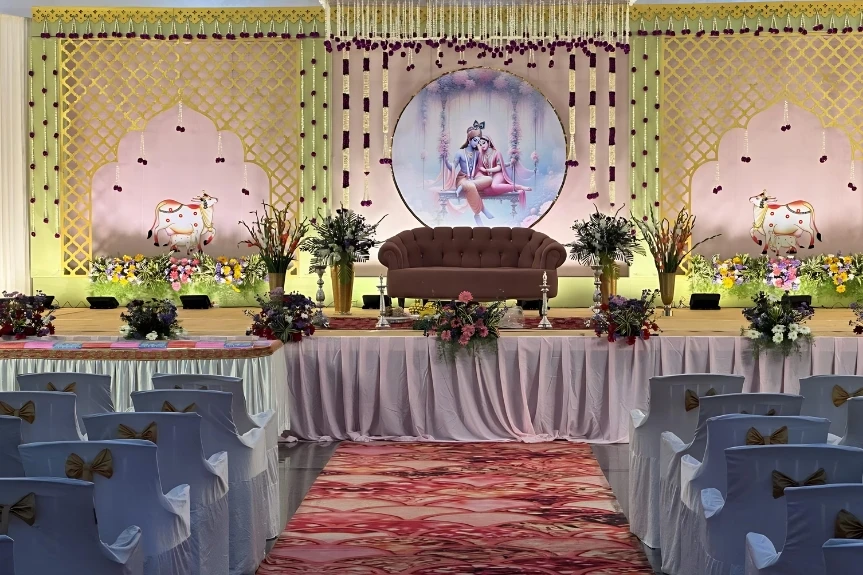Wedding stage decoration with floral arch